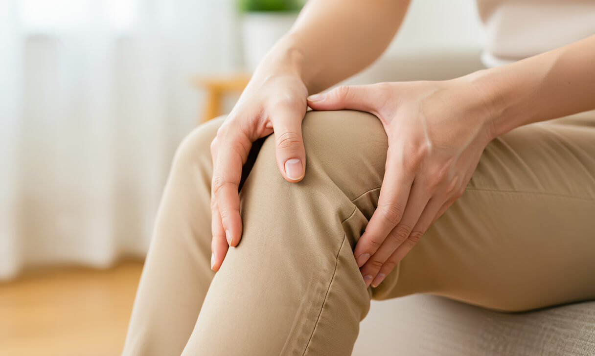 左膝を両手でおさえる女性